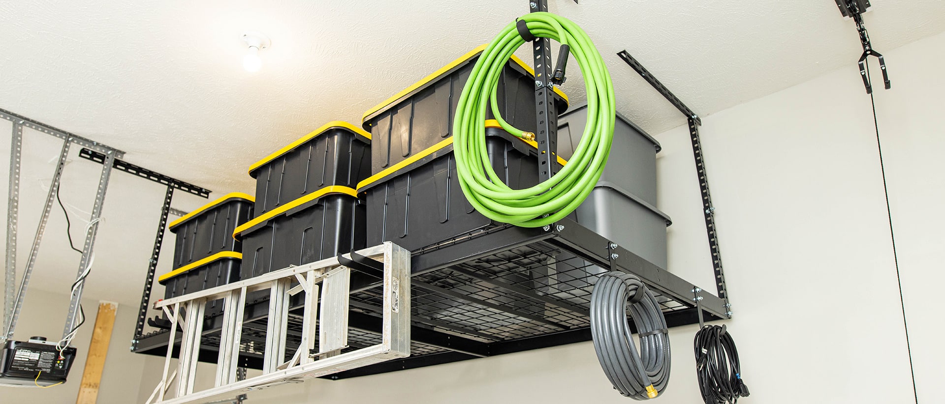 Garage overhead storage with totes